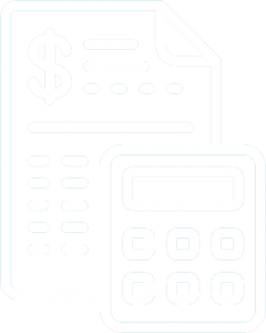 White outline graphic of a financial form and a calculator