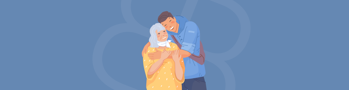 Flat vector illustration of a smiling young man hugging an elderly woman from behind