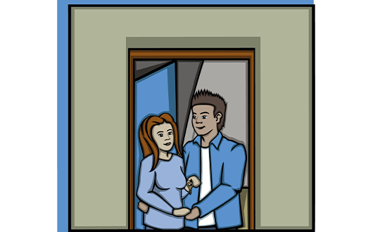 Couple holding hands outside the door