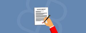 Illustration of a hand holding a pen signing an agreement document with a red checkmark on a blue background