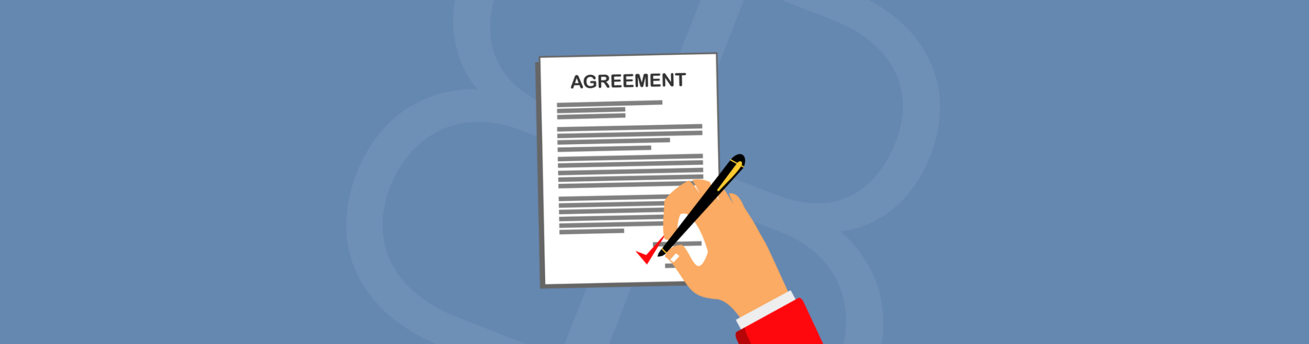 Illustration of a hand holding a pen signing an agreement document with a red checkmark on a blue background