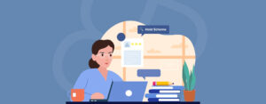 Illustration of a woman reviewing a candidate profile and searching for a hold scheme on her laptop.