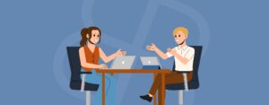 Vector illustration of two financial advisors discussing rent and mortgage calculations at a table with laptops