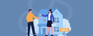 Illustration of a real estate agent handing house keys to a homebuyer in front of a blue house with a sold sign, representing how to sell a house with a mortgage.