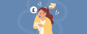 Illustration of a stressed woman looking at bills and credit cards, representing the cost of remortgaging.